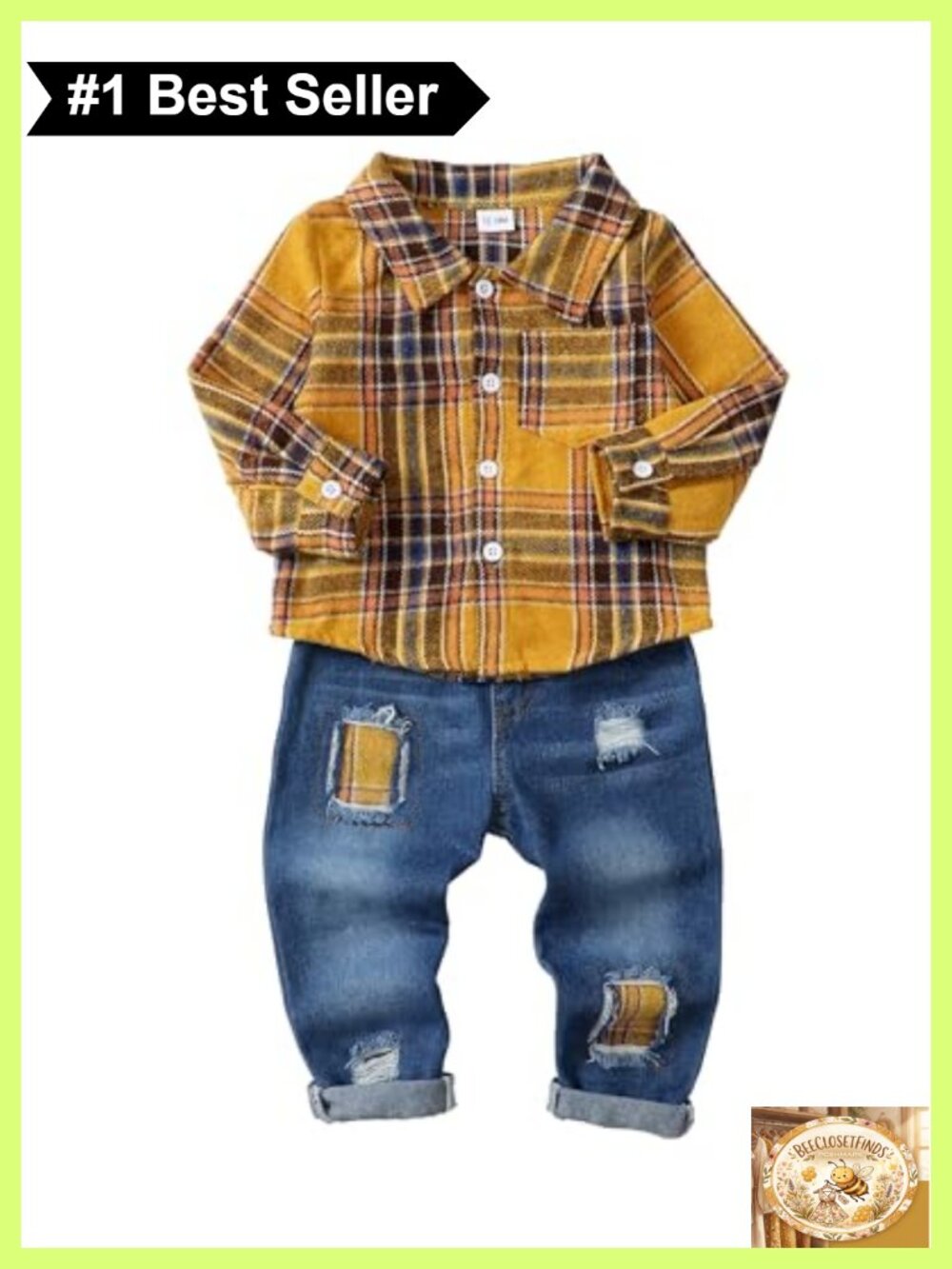 Toddler Boy Plaid Pocket Shirt Ripped Denim Pants Outfit Set